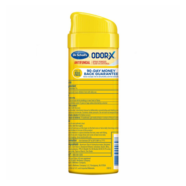 Polvo en spray OdorX antimicótico etiqueta posterior